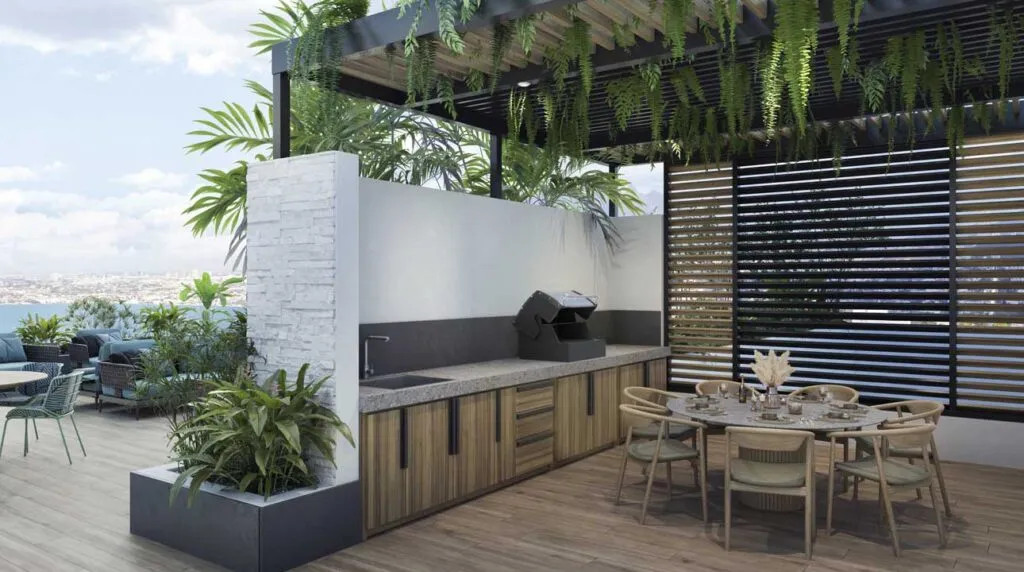 Terraza exterior con asadores